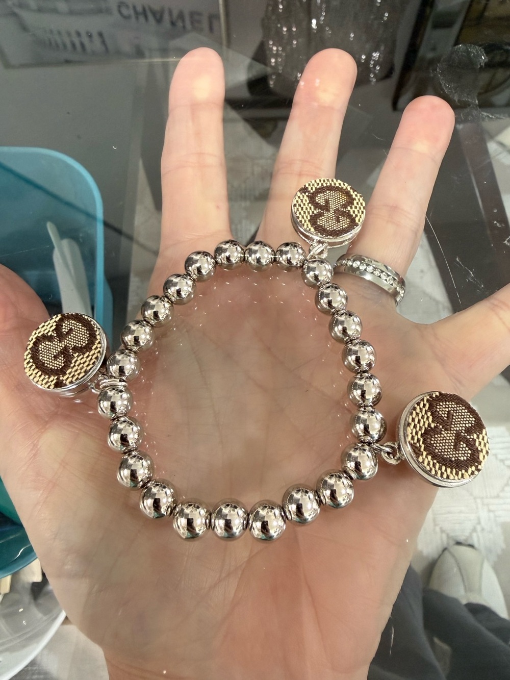 Gucci upcycled material charm bracelet silver tone brand new stretch